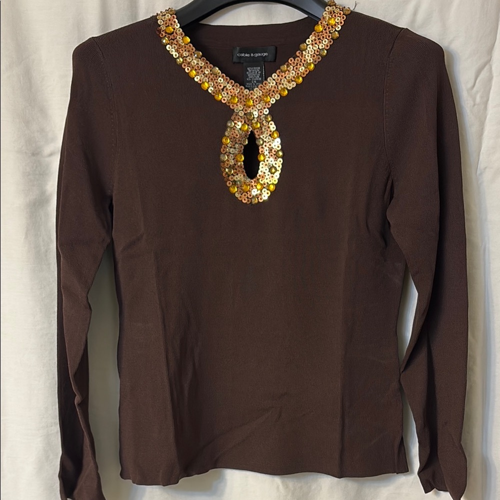 Cable and Gauge, Brown Top with Gold Sequin Accents